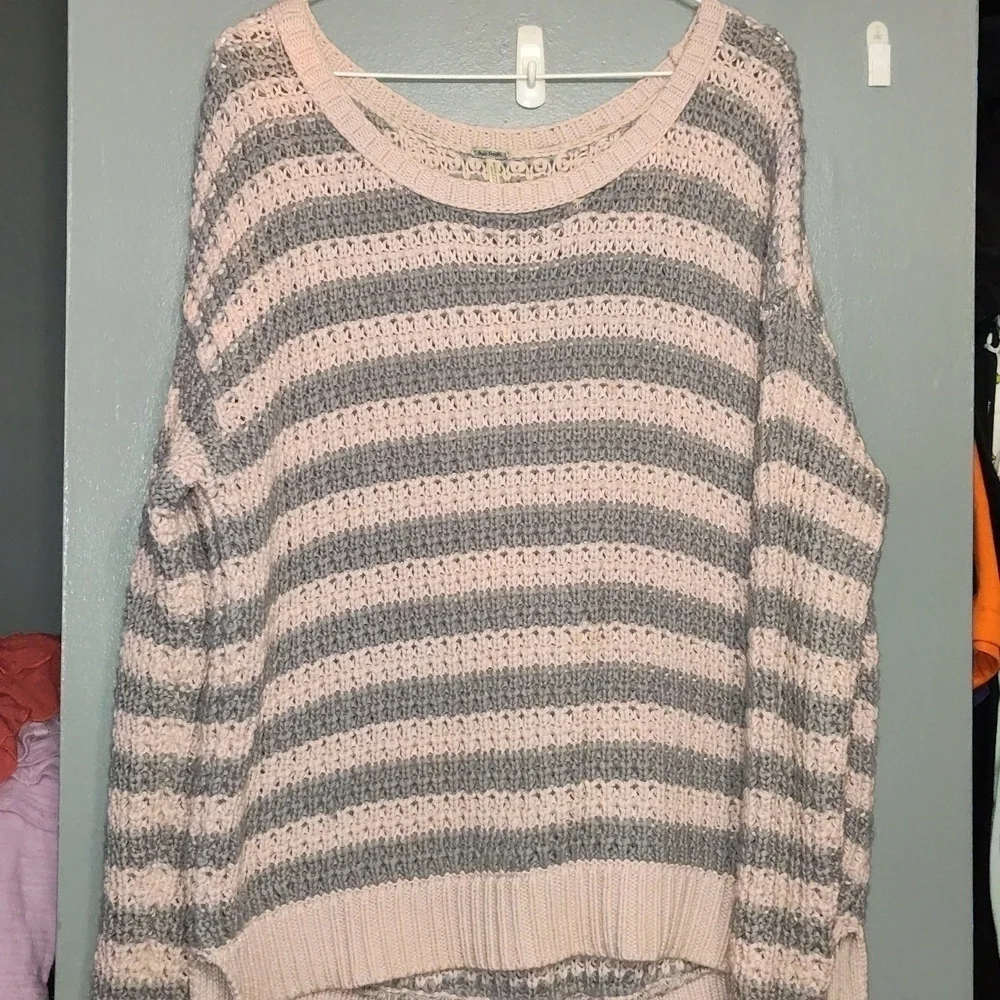 Free People Pink Grey Striped Waffle Knit Sweater Size Medium